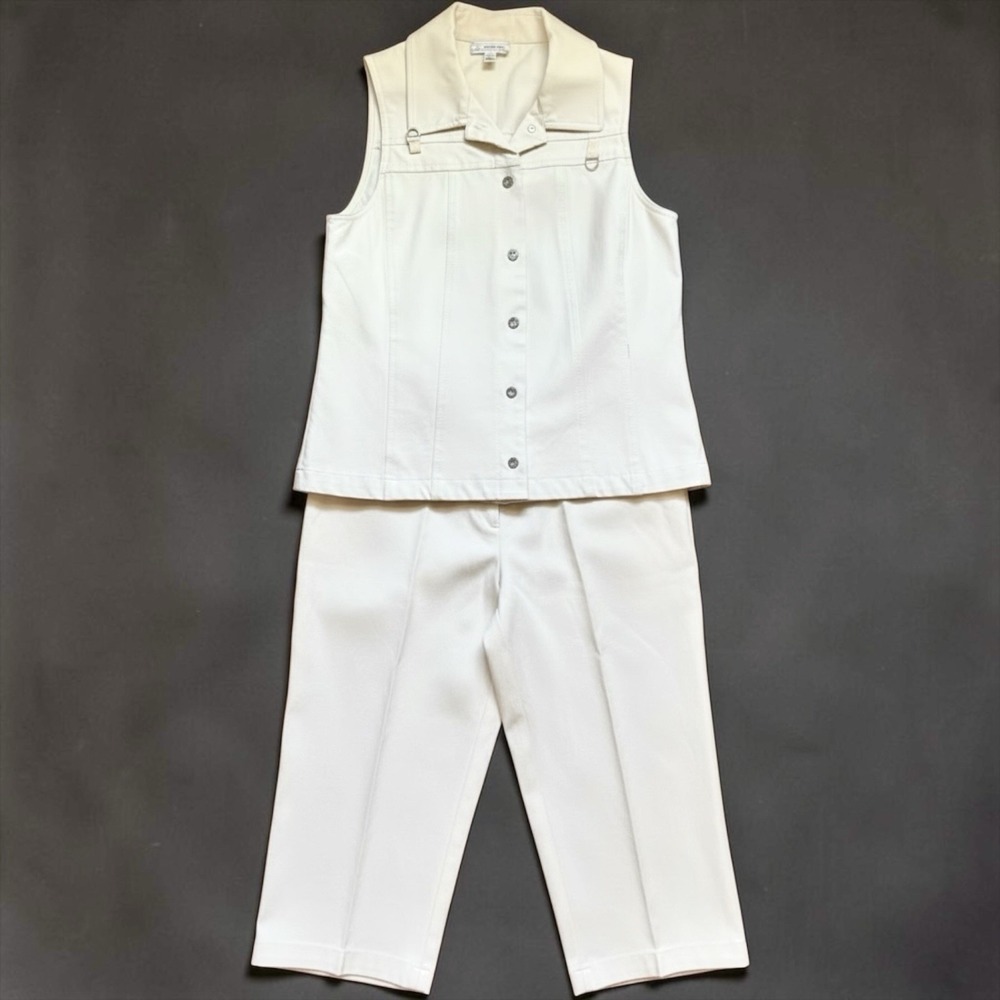 St John Sport Ivory Denim Capri Pant Suit Set Vest Size 16